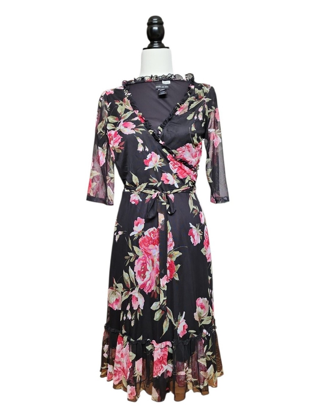Black Floral Dress with Red Rose Print and Ruffle Trim